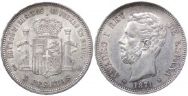 Spagna - Amedeo I (1870-1873) 5 Pesetas 1871-1874 - Ag - Alta conservazione