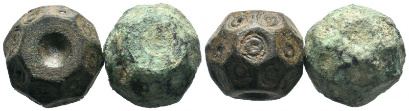 Lot of 2X Byzantine bronze barrel weight with ring and dot motifs,About fine to ...