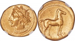 ZEUGITANA. Carthage. Ca. 350-320 BC. AV stater (18mm, 9.28 gm, 9h). NGC AU 4/5 - 3/5, marks. Bust of Tanit left, hair wreathed with barley ears, weari...