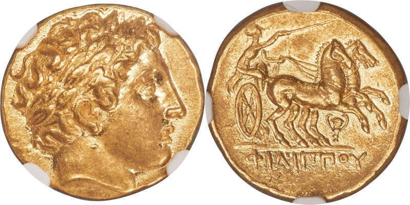 MACEDONIAN KINGDOM. Philip II (359-336 BC). AV stater (18mm, 8.61 gm, 10h). NGC ...