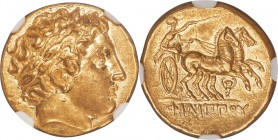 MACEDONIAN KINGDOM. Philip II (359-336 BC). AV stater (18mm, 8.61 gm, 10h). NGC Choice AU 5/5 - 4/5. Lifetime-early posthumous issue of Pella II, ca. ...