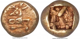 IONIA. Ephesus. Phanes (ca. 625-600 BC). EL 1/12 stater or hemihecte (8mm, 1.17 gm). NGC XF 5/5 - 4/5. Forepart of stag right, head reverted / Abstrac...