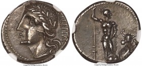 Social War. Marsic Confederation (91-88 BC). AR denarius (18mm, 3.79 gm, 7h). NGC Choice AU 4/5 - 5/5. Bovianum (?) mint, 89 BC. VITELIU (Oscan), laur...