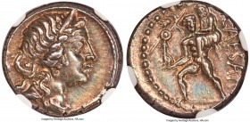 Julius Caesar, as Dictator (49-44 BC). AR denarius (17mm, 3.92 gm, 5h). NGC Choice AU S 4/5 - 5/5. Military mint moving with Caesar in North Africa, 4...