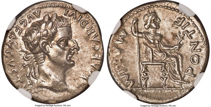 Tiberius (AD 14-37). AR denarius (19mm, 9h). NGC MS 5/5 - 3/5. Lugdunum. TI CAES...