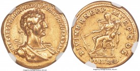 Hadrian (AD 117-138). AV aureus (19mm, 7.15 gm, 7h). NGC Choice VF 5/5 - 3/5. Rome, AD 117. IMP CAES TRAIAN HADRIANO AVG DIVI TRA PART F, laureate, dr...