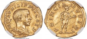 Philip II, as Caesar (AD 247-249). AV aureus (20mm, 4.11 gm, 6h). NGC Choice VF 5/5 - 2/5, wrinkled, marks. Rome, AD 244-246. M IVL PHILIPPVS CAES, ba...