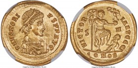 Honorius, Western Roman Empire (AD 393-423). AV solidus (21mm, 4.49 gm, 1h). NGC Choice MS 5/5 - 4/5. Sirmium, 10th officina, ca. AD 393-395. D N HONO...