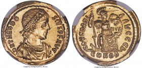 Theodosius I, Eastern Roman Empire (AD 379-395). AV solidus (21mm, 4.45 gm, 7h). NGC MS 5/5 - 5/5. Constantinople, 4th officina, AD 383-388. D N THEOD...