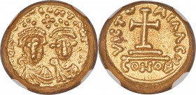 Heraclius (AD 610-641), with Heraclius Constantine. AV solidus (11mm, 4.51 gm, 6h). NGC Gem MS 4/5 - 5/5. Carthage, Indictional Year 8 (AD 619/20 or 6...