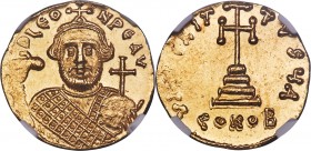Leontius (AD 695-698). AV solidus (20mm, 4.39 gm, 6h). NGC MS 4/5 - 5/5. Constantinople, 1st officina. D LЄO-N PЄ AV, facing bust of Leontius, bearded...