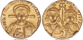 Justinian II Rhinotmetus, second reign (AD 705-711). AV solidus (19mm, 4.48 gm, 6h). NGC MS 4/5 - 3/5. Constantinople, AD 709-711. ∂ N IhS ChS RЄX RЄG...