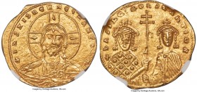 Basil II Bulgaroctonos (AD 976-1025), with Constantine VIII. AV tetarteron nomisma (22mm, 4.03 gm, 7h). NGC MS 4/5 - 3/5, clipped. Constantinople, AD ...