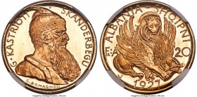 Republic gold Proof "Prince Skanderbeg" 20 Franga Ari 1927-V PR66 NGC, Vienna mint, KM12, Fr-6. Unrecorded as a Proof in the Standard Catalog of World...