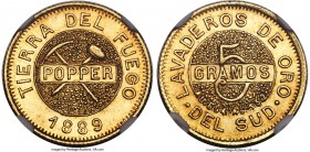 Tierra del Fuego. Territory gold "Popper" 5 Gramos 1889 MS62 NGC, Buenos Aires mint, KM-Tn8, Fr-2, Janson-7. One of two denominations struck in Buenos...