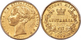 Victoria gold Sovereign 1855-SYDNEY AU55 PCGS, Sydney mint, KM2. A conditionally superior representative of this first year of the "Fillet" head type,...