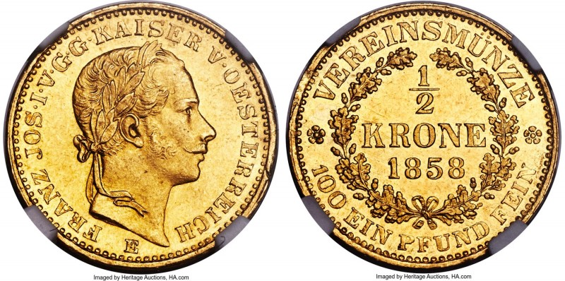 Franz Joseph I gold 1/2 Krone 1858-E MS63 NGC, Karlsburg mint (in Transylvania),...