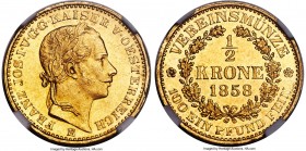 Franz Joseph I gold 1/2 Krone 1858-E MS63 NGC, Karlsburg mint (in Transylvania), KM2251, Fr-498, J-314. Mintage: 25,000. A joint presentation of shimm...