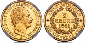 Franz Joseph I gold 1/2 Krone 1861-A AU58 NGC, Vienna mint, KM2251, Fr-498, J-314. Mintage: 2,868. Shimmering luster pervades over the surfaces of thi...