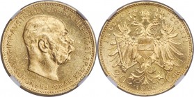 Franz Joseph I gold 20 Corona 1916 MS62 NGC, KM2827, Fr-511. Pointed shield type. A glowing example of this scarce issue displaying even better visual...