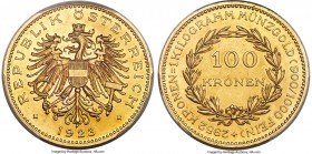 Republic gold Prooflike 100 Kronen 1923 PL62 PCGS, Vienna mint, KM2831, Fr-518. An elusive and much-demanded two-year type designed by Richard Placht,...