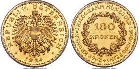 Republic gold Prooflike 100 Kronen 1924 PL63 PCGS, Vienna mint, KM2831, Fr-518. An elusive and much-demanded two-year type designed by Richard Placht,...