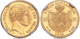 Leopold I gold 10 Francs 1849 MS65 NGC, KM18. An exceptionally high-grade example with vibrant, yellow-gold tone and virtually pristine surfaces. Supe...
