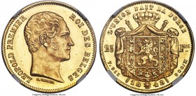 Leopold I gold 25 Francs 1848 MS64+ NGC, Brussels mint, KM13.1. A superb example of this two-year type, lightly mirrored fields glaring with cartwheel...