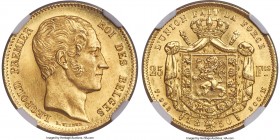 Leopold I gold 25 Francs 1850 MS66 NGC, KM13.3, Fr-407. Obv. Bare head of Leopold I right. Rev. Crowned, and mantled, coat-of-arms dividing value with...
