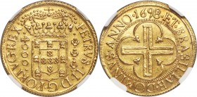 Pedro II gold 4000 Reis 1698/7-(B) MS62 NGC, Bahia mint, cf. KM89 (overdate unlisted), LMB-26. Lightly reflective with splashes of reddish tone.

HID0...