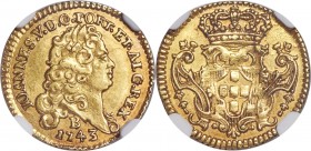 João V gold 800 Reis 1743-B AU55 NGC, Bahia mint, KM123, LMB-111. Boasting considerable visual appeal, the surfaces of this smaller denomination are c...