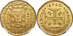 João V gold 4000 Reis 1710-R UNC Details (Cleaned) NGC, Rio de Janeiro mint, KM102, LMB-162. Quite attractive despite its details designation, the fie...