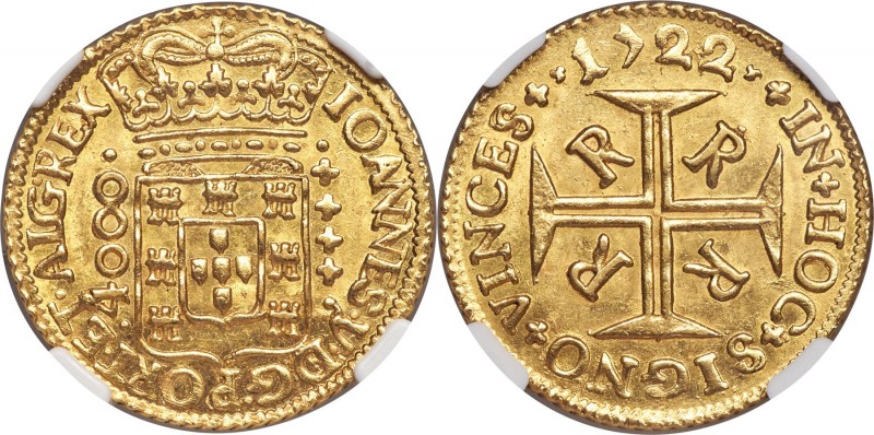 João V gold 4000 Reis 1722-R MS65 NGC, Rio de Janeiro mint, KM102, LMB-174. A su...