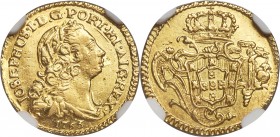 Jose I gold 800 Reis 1763-R AU Details (Obverse Scratched) NGC, Rio de Janeiro mint, KM180.2, LMB-409. Of superior preservation for this issue, normal...