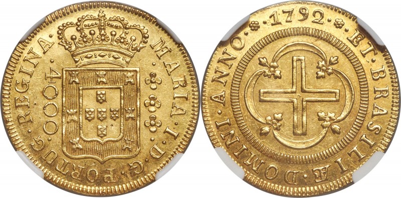 Maria I gold 4000 Reis 1792-(L) MS64 NGC, Lisbon mint, KM225.1, LMB-498. A parti...