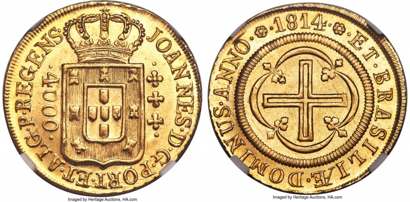 João Prince Regent gold 4000 Reis 1814-(R) MS66 NGC, Rio de Janeiro mint, KM235....