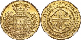 João VI gold 4000 Reis 1821-(R) MS63 NGC, Rio de Janeiro mint, KM327.1, LMB-585. An excellent date and type representative offering lustrous fields de...