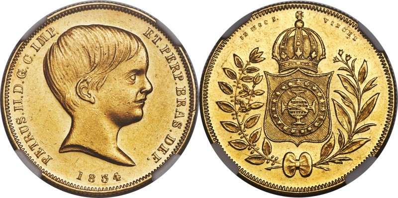 Pedro II gold 10000 Reis 1834 AU58 NGC, Rio de Janeiro mint, KM451, LMB-616. Min...