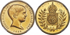 Pedro II gold 10000 Reis 1834 AU58 NGC, Rio de Janeiro mint, KM451, LMB-616. Mintage: 5,617. Glowing luster highlights from the recesses and across th...