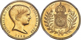 Pedro II gold 10000 Reis 1835/4 MS61 NGC, Rio de Janeiro mint, cf. KM451 (overdate unlisted), LMB-617 (same). A sharp strike absent any wear confirms ...