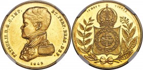Pedro II gold 10000 Reis 1842 AU55 NGC, Rio de Janeiro mint, KM457, LMB-623. A lower mintage type, one of 1,146 struck; highly attractive in-hand, wit...