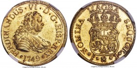 Ferdinand VI gold 4 Escudos 1749 So-J MS62 S NGC, Santiago mint, KM2, Fr-6. An intensely lustrous selection of this 4 Escudos issue displaying flashy ...