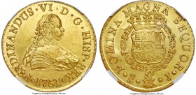 Ferdinand VI gold 8 Escudos 1751 So-J MS62 NGC, Santiago mint, KM3, Fr-5, Cal-72, Onza-644. A lovely piece bordering on choice, lightly Prooflike fiel...