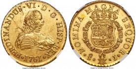 Ferdinand VI gold 8 Escudos 1751 So-J MS60 NGC, Santiago mint, KM3, Fr-5. A highly engaging example that displays a combination of scintillating luste...