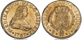 Ferdinand VI gold 8 Escudos 1757 So-J AU53 NGC, Santiago mint, KM3, Fr-5. Luminous throughout its yellow-gold surfaces, with a distinctive and particu...