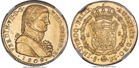 Ferdinand VII gold 8 Escudos 1809 So-FJ MS62 NGC, Santiago mint, KM72, Fr-28. Military bust type. Almost perfectly centered on a bright golden flan, t...