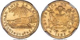 Republic gold 2 Escudos 1838 So-IJ MS63 NGC, Santiago mint, KM97. A choice Mint State offering of this highly collected 'hand on book' type, with just...