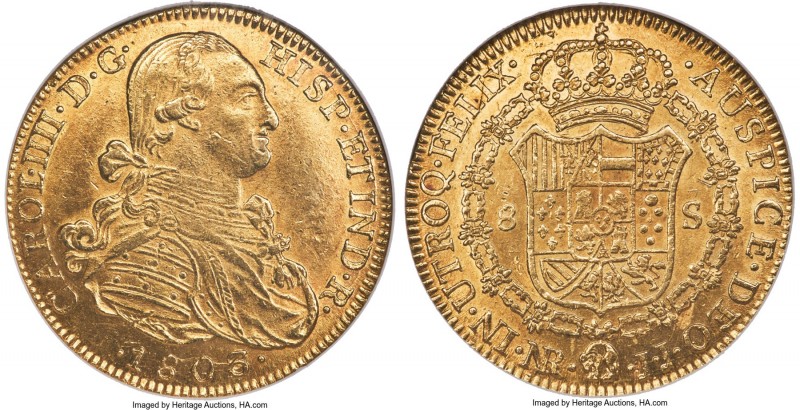 Charles IV gold 8 Escudos 1803/2 NR-JJ MS61 NGC, Nuevo Reino mint, KM62.1, Fr-51...