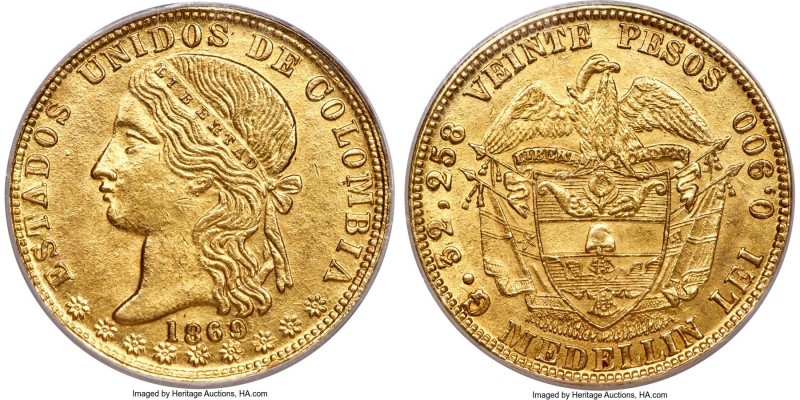 Estados Unidos gold 20 Pesos 1869/8-MEDELLIN AU58 PCGS, Medellin mint, KM142.2, ...