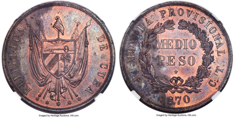 Provisional Republic copper Proof Pattern 1/2 Peso 1870 P-CT PR62 Red and Brown ...